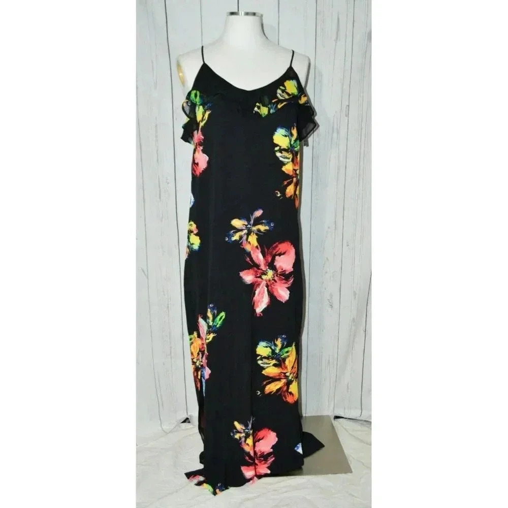 MOSSIMO Black Ebony Floral Ruffle Maxi Dress Small New With Tags